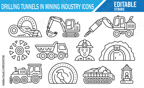 Geology and Underground Mining Industry Editable Stroke Icon Set