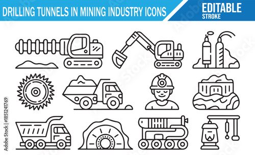 Miner, Drilling Rig, and Excavation Equipment Vector Line Icons