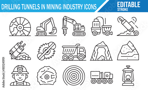 Drilling Tunnels in Mining Industry Icon Set. Line Art Vector Collection of Excavator, Truck, Driller, Miner, and Equipment. Editable Stroke.