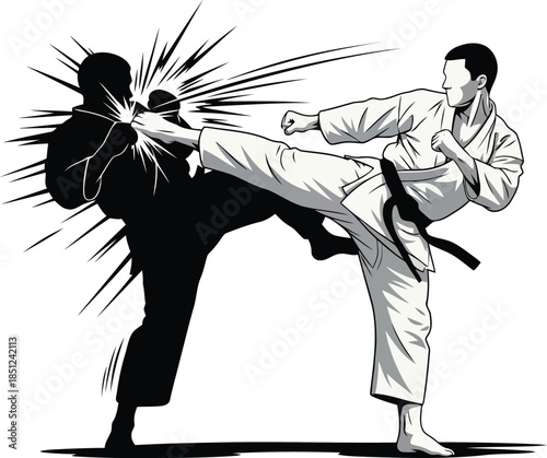 Dynamic karate fighter in a white gi executes a powerful high kick against a shadowy adversary