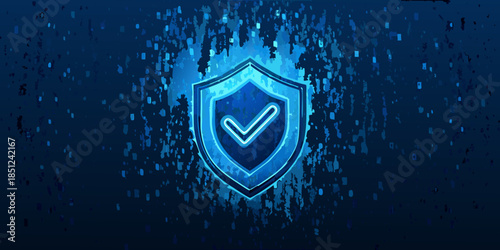 A vibrant blue shield with a checkmark symbol representing security and protection