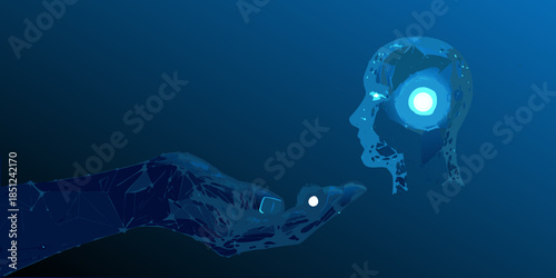 A digital human head with a glowing core and outstretched hand