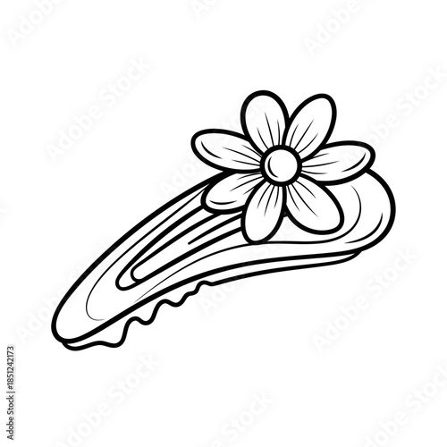 Elegant line art illustration of a flower adorned hair clip on a clean white backdrop, offering a minimalist aesthetic, perfect for feminine designs and cosmetic