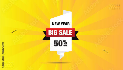 New year big sale 50% off banner editable eps format sticker label icon template design white red black shapes with orange yellow gradient background
