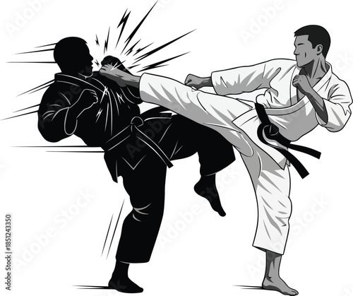 Powerful martial artist delivers a precise and impactful kick to an opponent