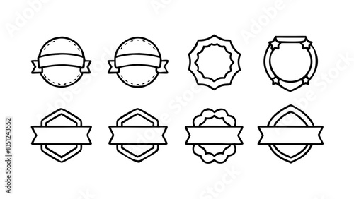 Set of simple circular and hexagonal badges with ribbons, great for design elements and logos