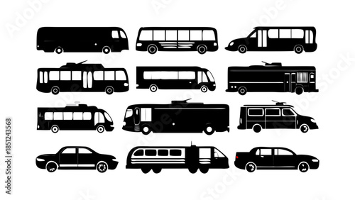 Collection of Silhouetted Vehicles Including Buses, Cars, and Vans in Various Designs