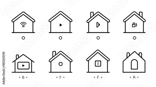 Smart home technology icons set, house symbols with WiFi, video play, coffee, and window for modern living and digital services.
