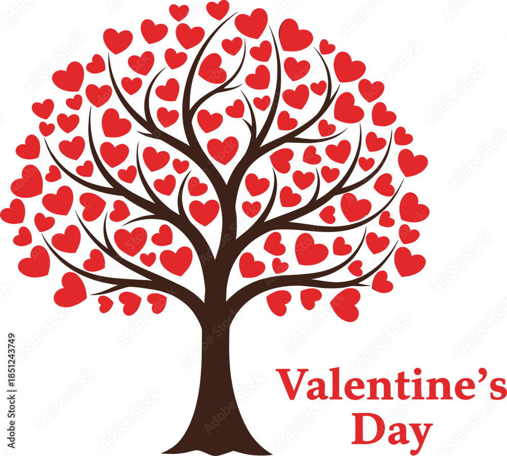 Fototapeta premium Valentines Day Tree with Red Hearts Illustration