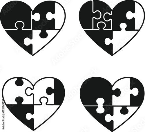 Puzzle heart icons with missing pieces and keyhole in black silhouette