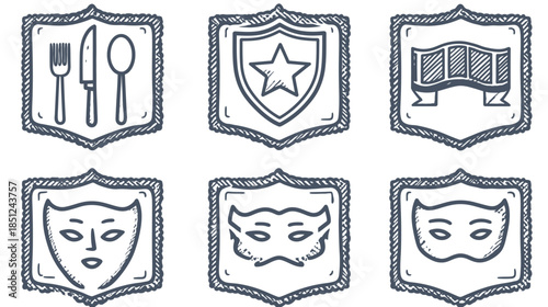 Vector doodle icons: rustic hand-drawn set with restaurant cutlery, star badge, saloon doors, and various theater & masquerade masks collection.