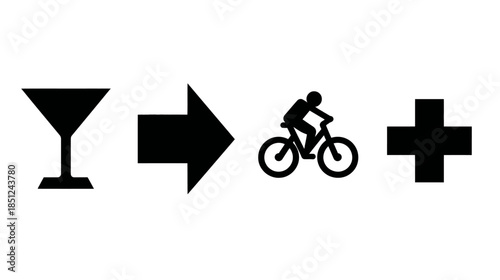 Conceptual warning icon showing alcohol leading to cycling plus symbol, representing danger or prohibition of drinking and riding a bicycle.