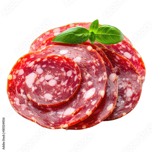 A close-up of stacked slices of bright red salami garnished with fresh basil leaves on a black background.
