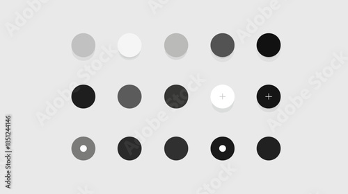 Modern monochromatic UI buttons and toggles set, minimalist design with shades of gray, black, and white for user interface elements.