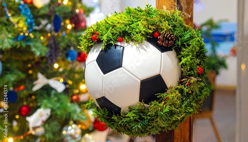 Soccer ball decorated with Christmas wreath