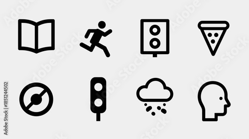 Set of diverse minimalist black line icons for UI/UX design: reading, running, traffic, pizza, prohibition, weather, human head symbols