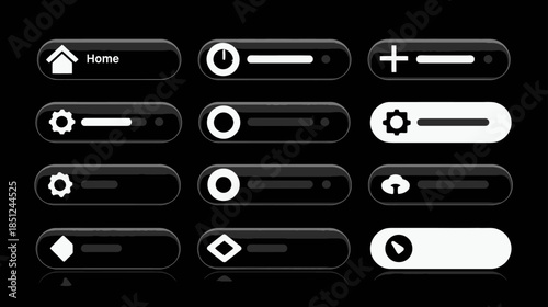 Sleek black glossy UI buttons, sliders, and controls with white icons. Modern user interface elements for web design and mobile app development.