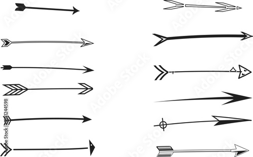 Collection of white arrows on black background isolated on transparent background