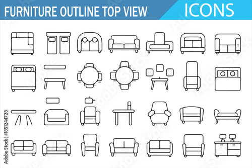 Interior design furniture top view line icons