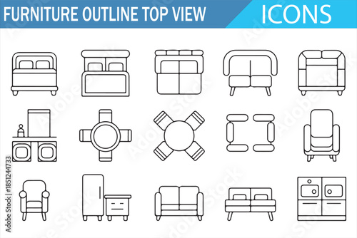 Architectural furniture top view outline icon set