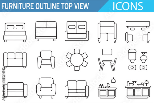 Furniture layout top view outline icons for design projects
