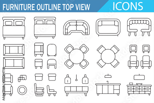 Home furniture top view outline symbols set