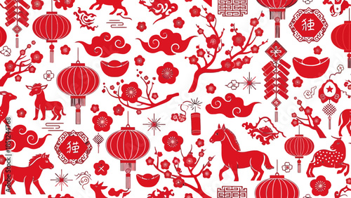 Festive Chinese New Year Seamless Pattern with Red Lanterns, Horses, and Cherry Blossoms