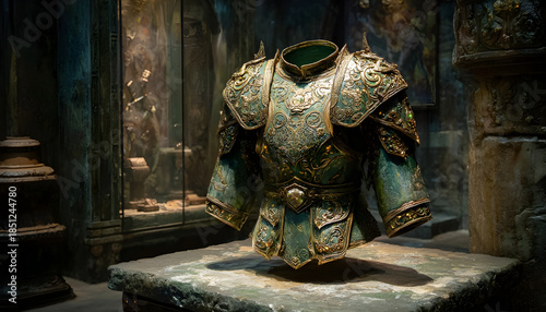 Ornate jade and gold armor with dragon relief, carved patterns and glowing accents, levitating above a stone pedestal in a shadowed ancient chamber as a legendary guardian relic