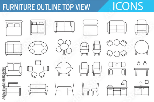 Top view furniture outline icons for home and interior design