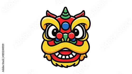 Cheerful and simplified Chinese lion dance head with a friendly expression and bright colors, isolated white background.