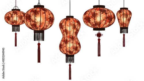 Collection of traditional Chinese lanterns in various shapes and sizes, hanging as festive decorations, isolated white background.