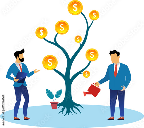 Businessmen growing money tree and analyzing financial market growth