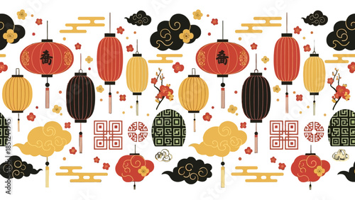 Seamless Chinese New Year pattern with red and gold lanterns, decorative clouds, and traditional oriental ornaments on an isolated white background, conveying a festive and cultural mood.