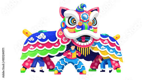 Full body Chinese lion dance with extremely vibrant multi-colored scales performing a lively dance, isolated white background.