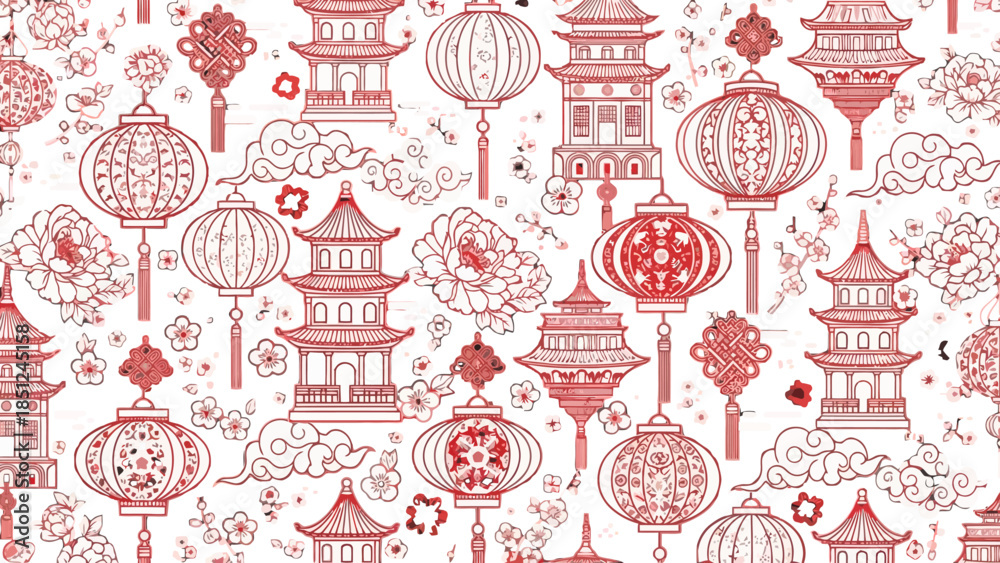 Φωτογραφία Ornamental Chinese Lanterns and Pagodas: A captivating pattern showcases intricate details of traditional Chinese lanterns and pagodas, elegantly arranged against a bright backdrop