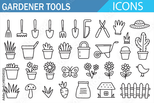 Gardener tools outline icon set with plants and gardening equipment