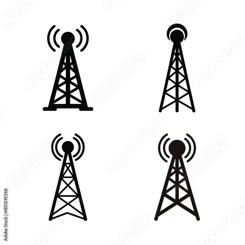 A set of four communication tower icons representing wireless technology and signal transmission