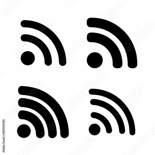 Set of four minimalist black wi-fi or rss signal icons indicating wireless connectivity or broadcast