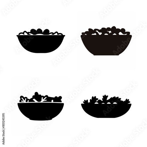 A set of four abstract black silhouettes depicting bowls filled with various granular items