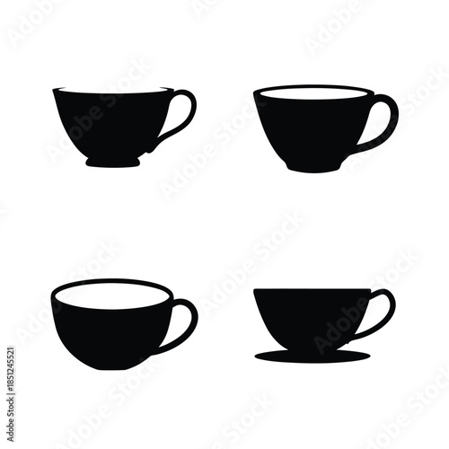 Four distinct black silhouette teacup and coffee mug designs in a minimalist style
