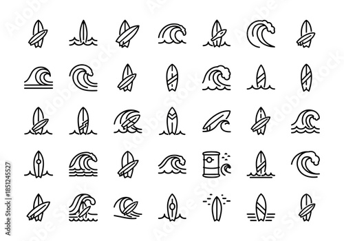 Collection of various wave and surfboard illustrations in a grid layout on a white background