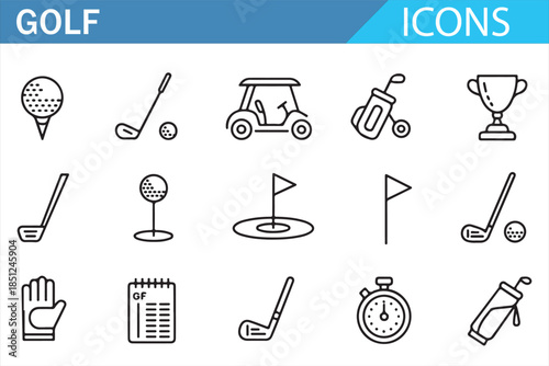 Golf equipment and course outline icons for sports design