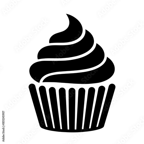 Minimalist cupcake icon shows elegant frosting swirl, perfect for dessert branding. Sweet cupcake icon features clean black silhouette, ideal for bakery logos, menu graphics.