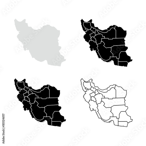 Iran map with outline and provinces highlighted on black