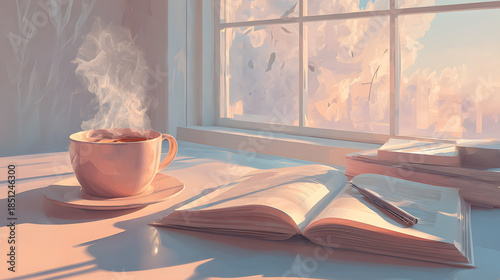 Digital Nomad Lifestyle minimalist morning routine with coffee, journal, and sunlight through window, pastel minimalistic illustration