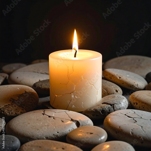 Soft candle light on smooth stones