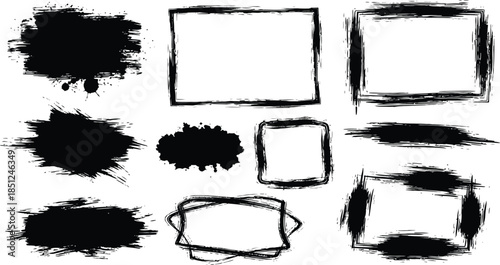 Grunge stencil frames with spray painted frame, grunge splatter. Spray stencil frame collection. Blank grunge frames set with aerosol paint texture.