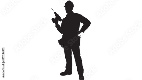 Construction worker silhouette in confident pose with walkie talkie in dramatic black and white for industrial use