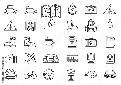 Collection of travel and outdoor activity icons displayed on a clean white background