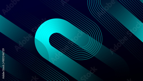 Abstract Neon Line Art Background with Modern Circular Wave Design. Futuristic Teal Glow Line Pattern on Dark Minimal Background.
